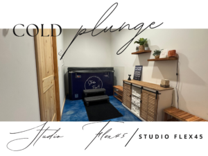 A tranquil recovery room at Studio Flex45 in Ventura, featuring a cold plunge tub and an infrared sauna for optimal post-workout recovery and relaxation.