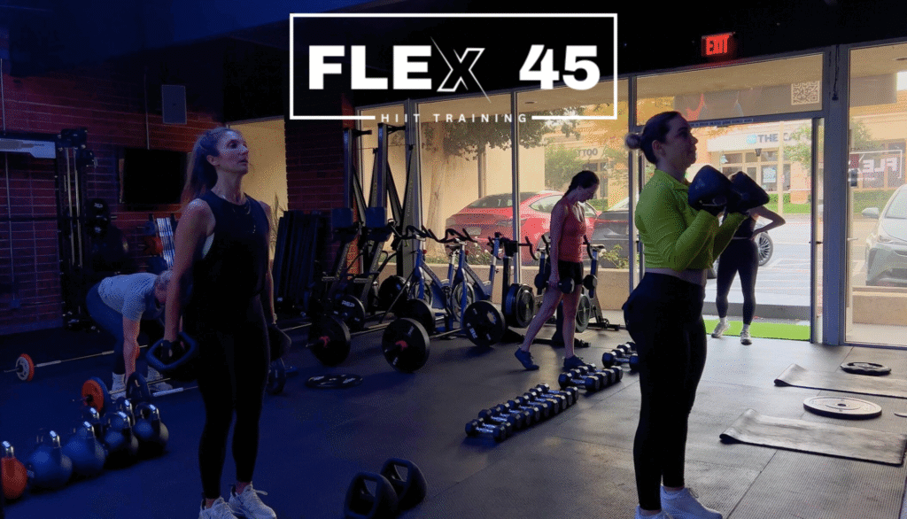 Studio Flex45 Thousand Oaks group fitness workout session with members training in a modern HIIT studio.