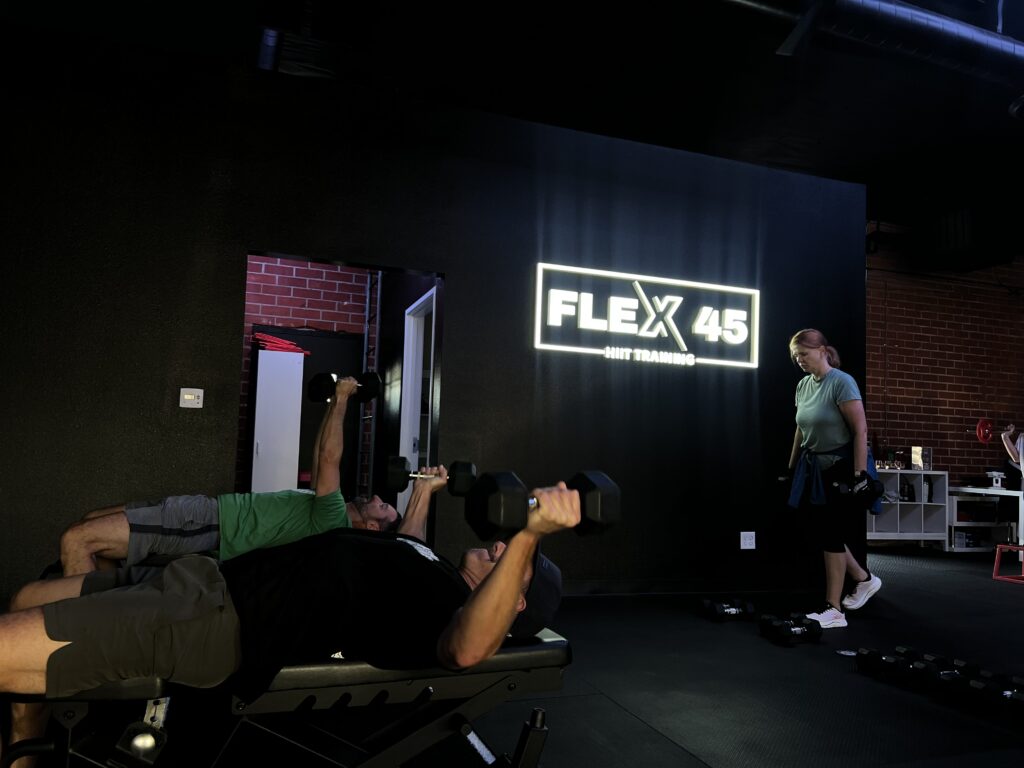 Members training in a coach-led functional workout at Flex45, one of the top gyms near me in Thousand Oaks